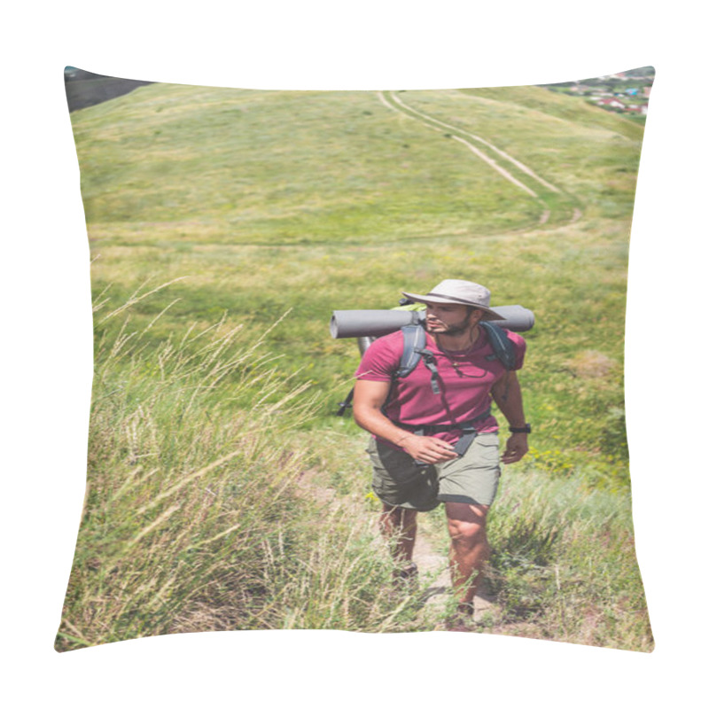 Personality  Traveler In Hat With Backpack And Tourist Mat Walking On Path Pillow Covers