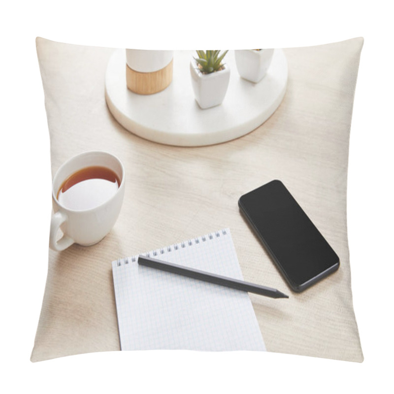 Personality  Green Plants, Cup Of Tea And Blank Notebook With Pencil Near Smartphone On Wooden Surface Pillow Covers