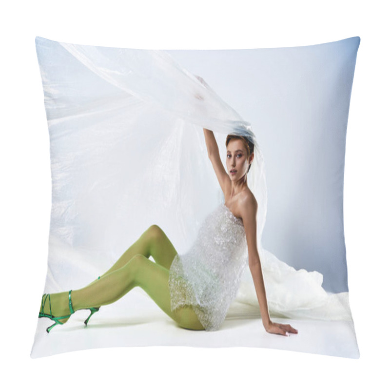 Personality  A Woman Poses In A White Plastic Dress And Green Tights. Pillow Covers