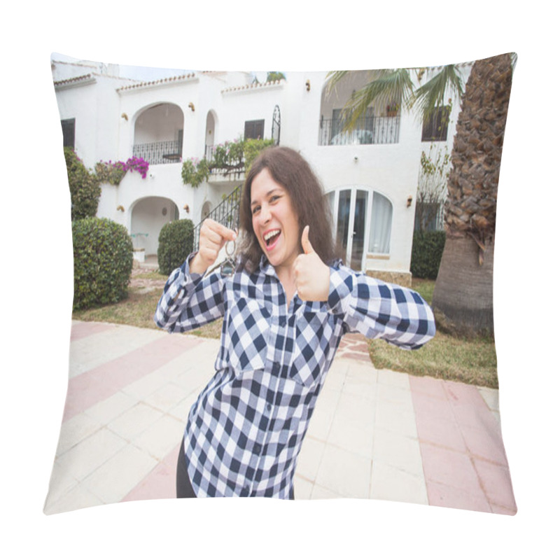 Personality  Ownership, Real Estate, Purchase And Rent Concept - Woman With Keys Standing Outside New Home Pillow Covers