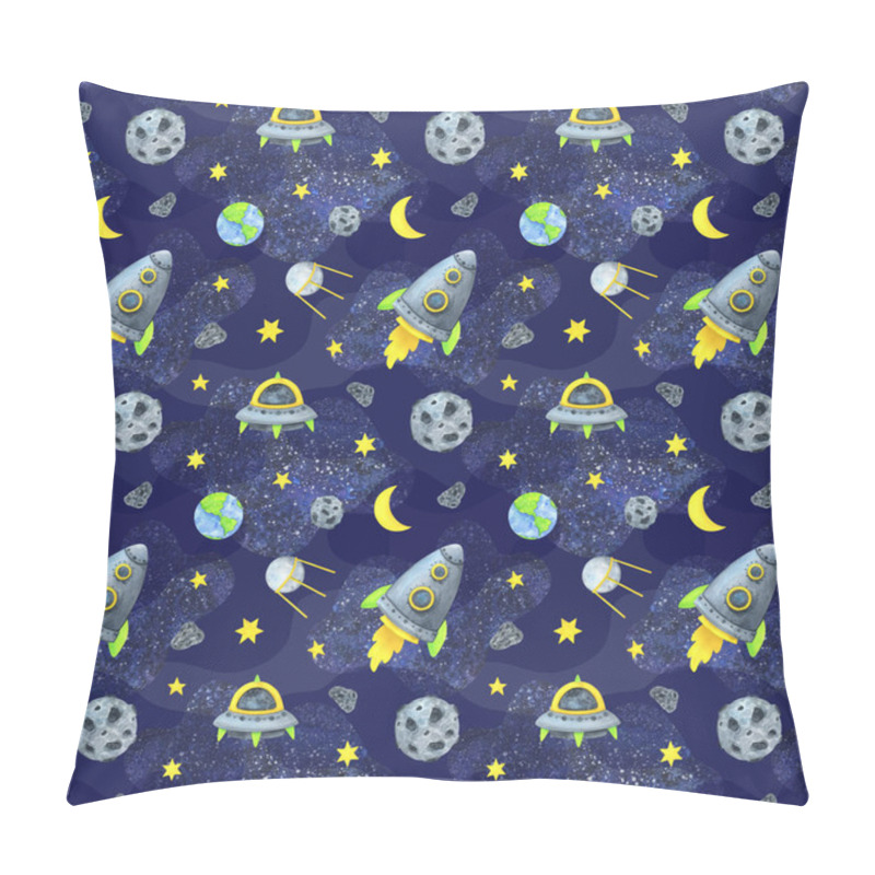 Personality  Space Seamless Pattern. Spacecraft, Flying Saucer, Satellite On The Background Of The Starry Sky. Children's Watercolor Illustration. Cute Print With A Planet, Meteorite, Asteroid Pillow Covers