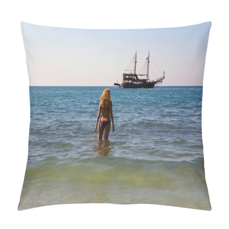 Personality  The Girl Is Standing In The Sea And Looking At The Medieval Ship. Turkey. Pillow Covers