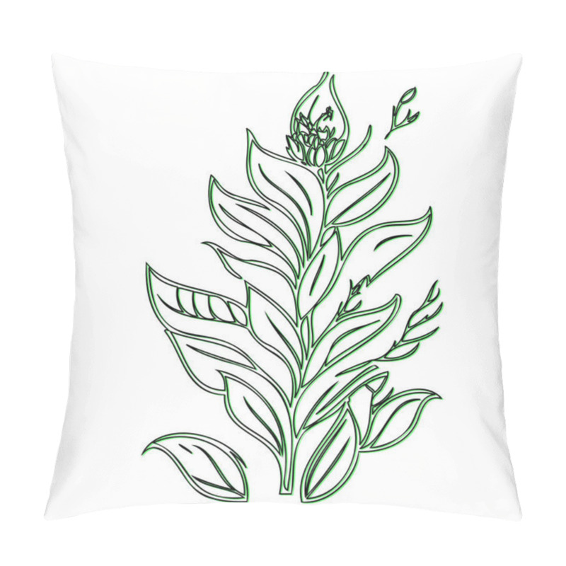 Personality  Line Art Drawing Of A Floral Branch With Green Outline Pillow Covers