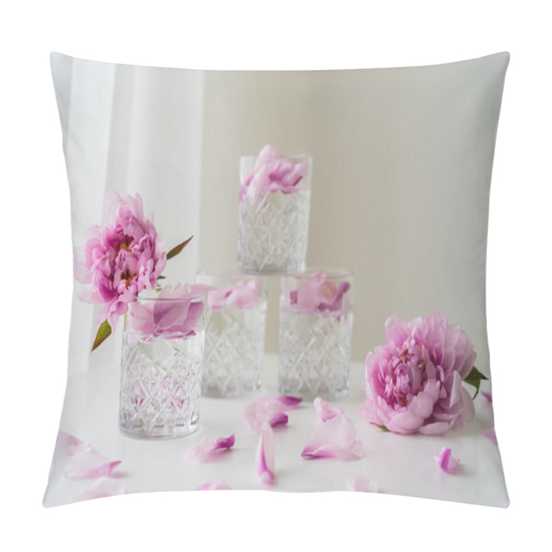 Personality  Faceted Glasses With Tonic Near Pink Peonies On White Surface And Grey Background Pillow Covers