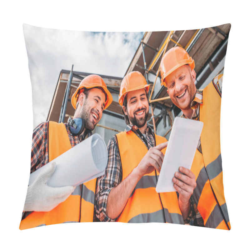 Personality  Bottom View Of Group Of Builders With Blueprint And Tablet At Construction Site Pillow Covers