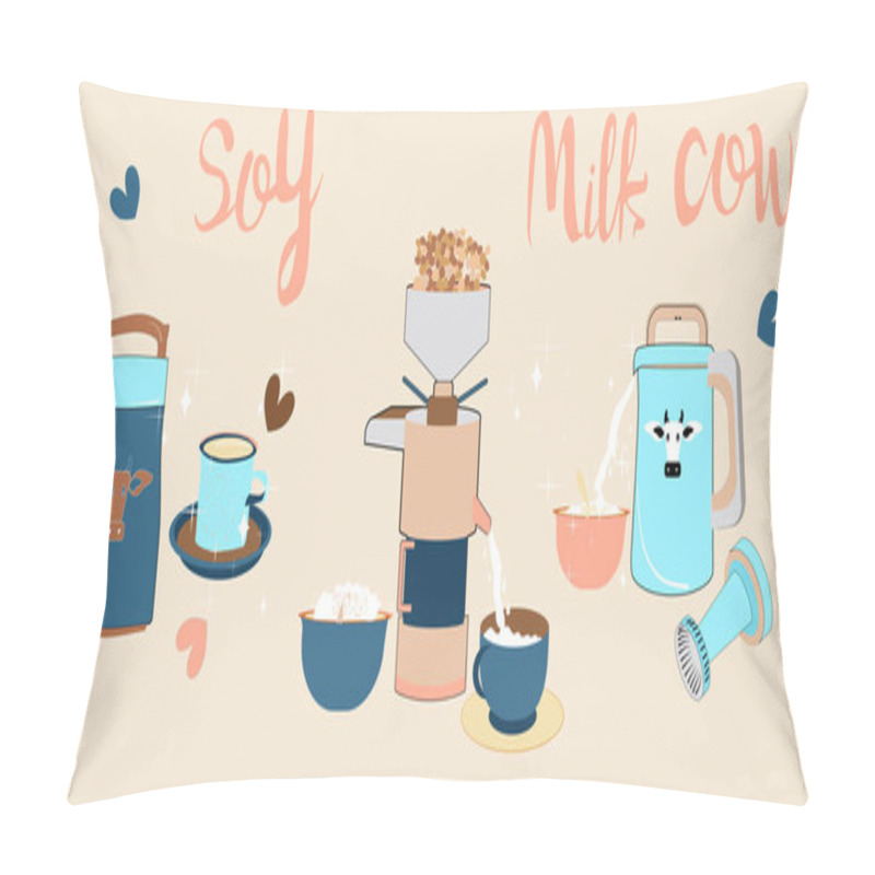 Personality  Soy Milk Maker Or Soy Cow Hand Drawn Doodle Cartoon Set. Organic Drink, Vegan Milk,soybeans, Tofu And Different Types Device Grain Blending Machine. Every Objects Are Isolated. Poster For Cafe Menu Pillow Covers