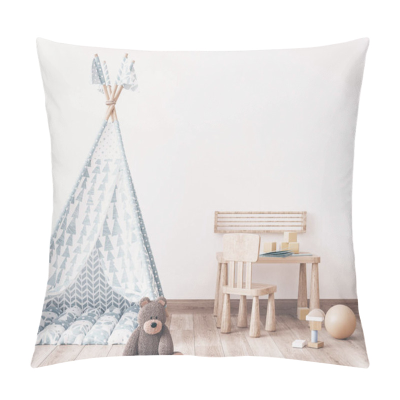 Personality  Kids Wall Mock Up. Kids Room Interior Design In Scandinavian Interior, 3d Render Pillow Covers