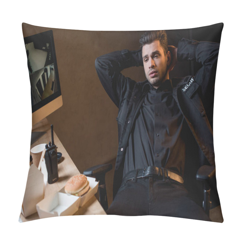 Personality  Tired Guard In Uniform With Crossed Arms At Workplace  Pillow Covers