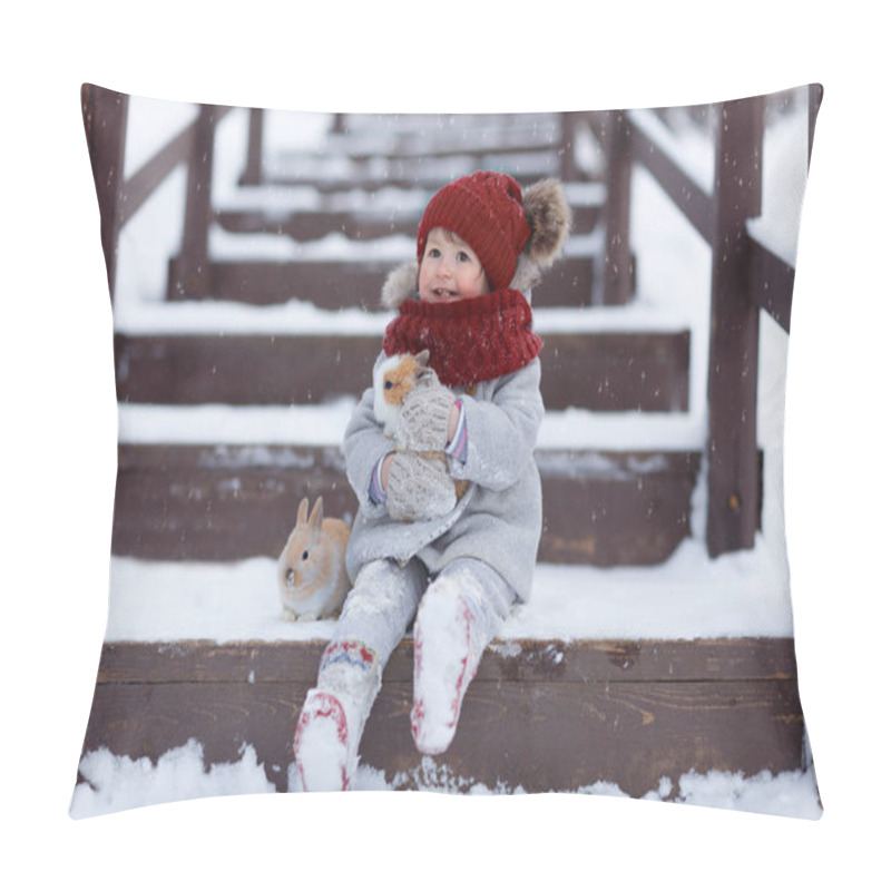 Personality  Cheerful Girl Sitting On The Steps On Wooden Bridge  With Rabbits In The Park At Winter  Pillow Covers