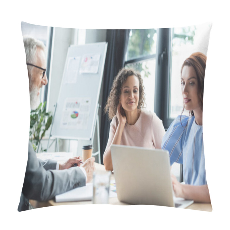 Personality  Interracial Lesbian Couple Looking At Laptop Near Blurred Realtor Pillow Covers