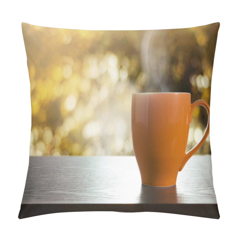 Personality  Cup Of Hot Coffee On Table. Relaxation Concept. Side View. Golden Bokeh As Background Pillow Covers