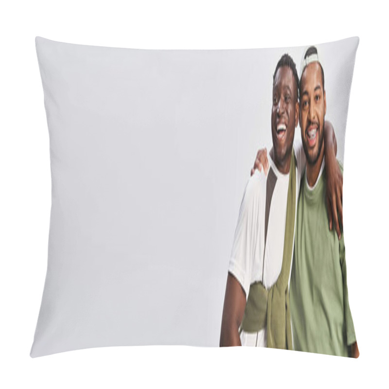 Personality  Joyful African American Male Friends In Casual Wear Hugging On Grey Background, Juneteenth Banner Pillow Covers