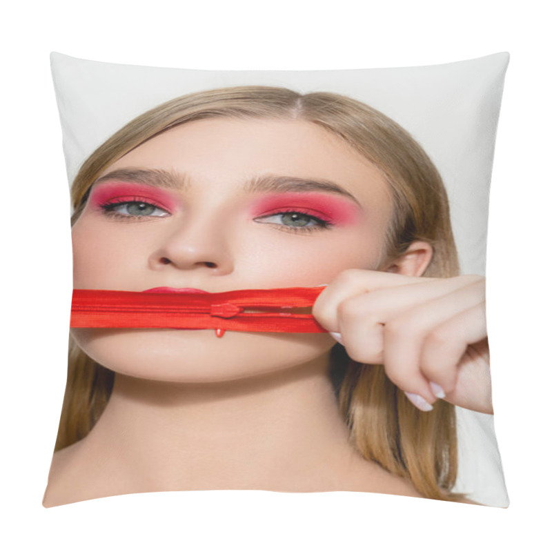 Personality  Young Woman With Red Eye Shadow Holding Zipper Isolated On White  Pillow Covers