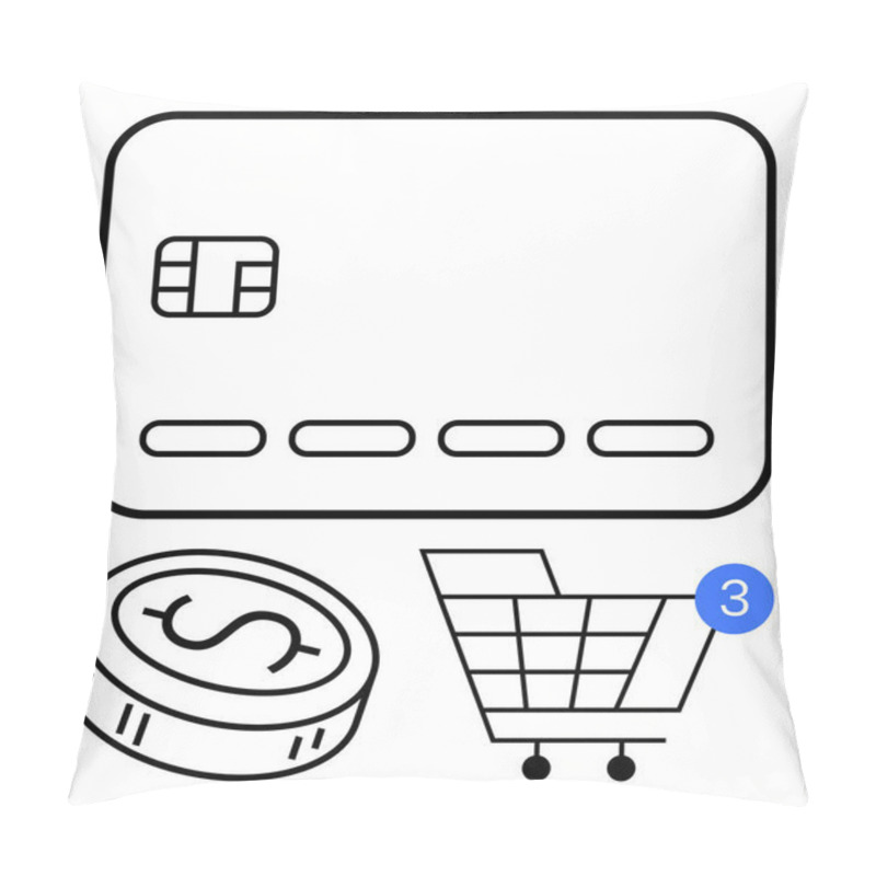 Personality  Credit Card, Coin, And Shopping Cart With Notification. Ideal For E-commerce, Online Shopping, Digital Payments, Finance, Budgeting Customer Service Financial Transactions. Line Metaphor Pillow Covers