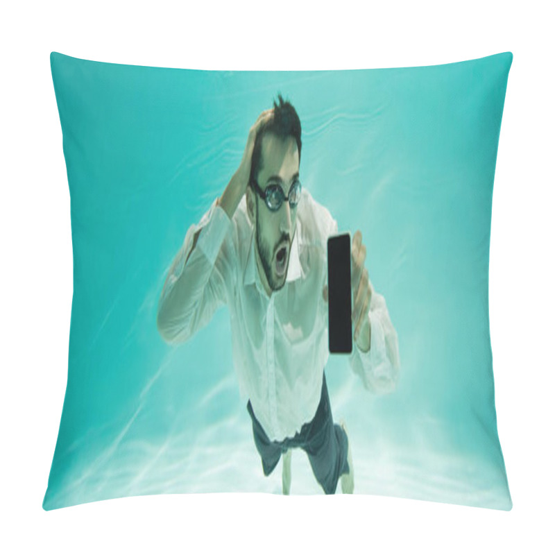 Personality  Astonished Muslim Businessman Holding Cellphone While Swimming In Pool, Banner  Pillow Covers