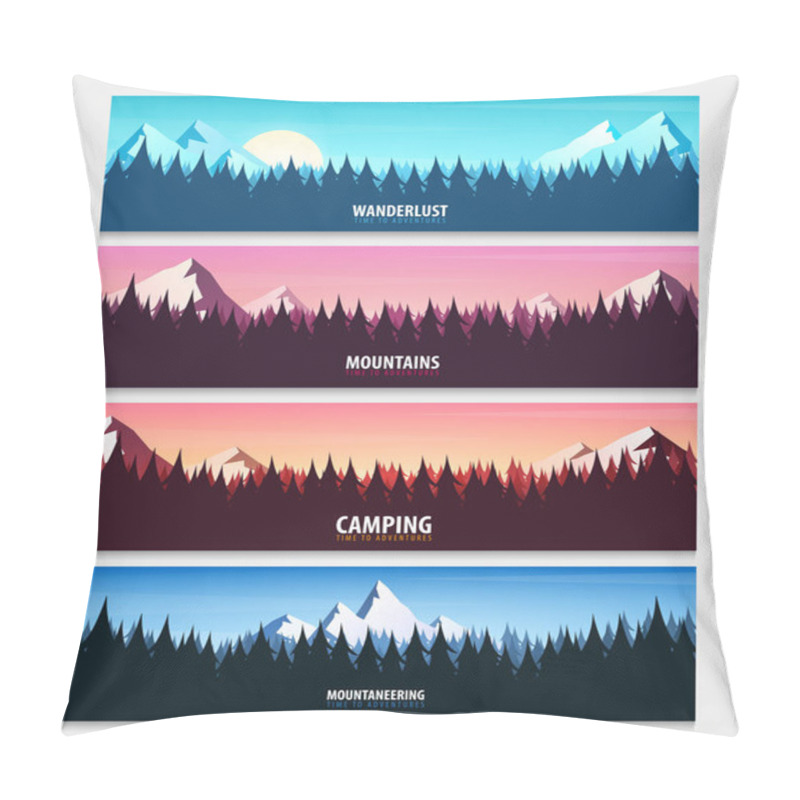 Personality  Set Of Nature Landscape Backgrounds With Silhouettes Of Mountains And Trees. Vector Illustration. Pillow Covers