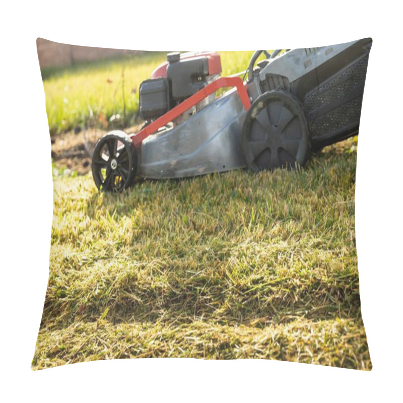 Personality  Lawnmower In Action Cutting Grass On A Sunny Day  Lawn Care And Gardening Concept Pillow Covers