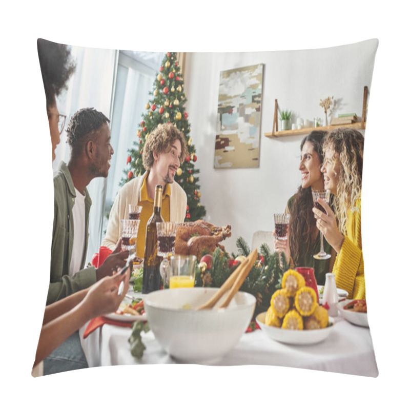 Personality  Big Multicultural Family Having Good Time Celebrating Christmas And Enjoying Festive Lunch Pillow Covers