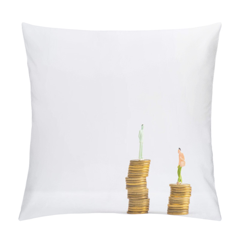 Personality  Two People Figures On Stacked Coins On White Surface Isolated On Grey, Concept Of Financial Equality Pillow Covers