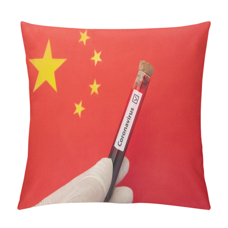 Personality  Coronavirus Outbreak Concept. Nurse Hand Holding Test Tube With Infected Blood Over Chinese Flag. Pillow Covers