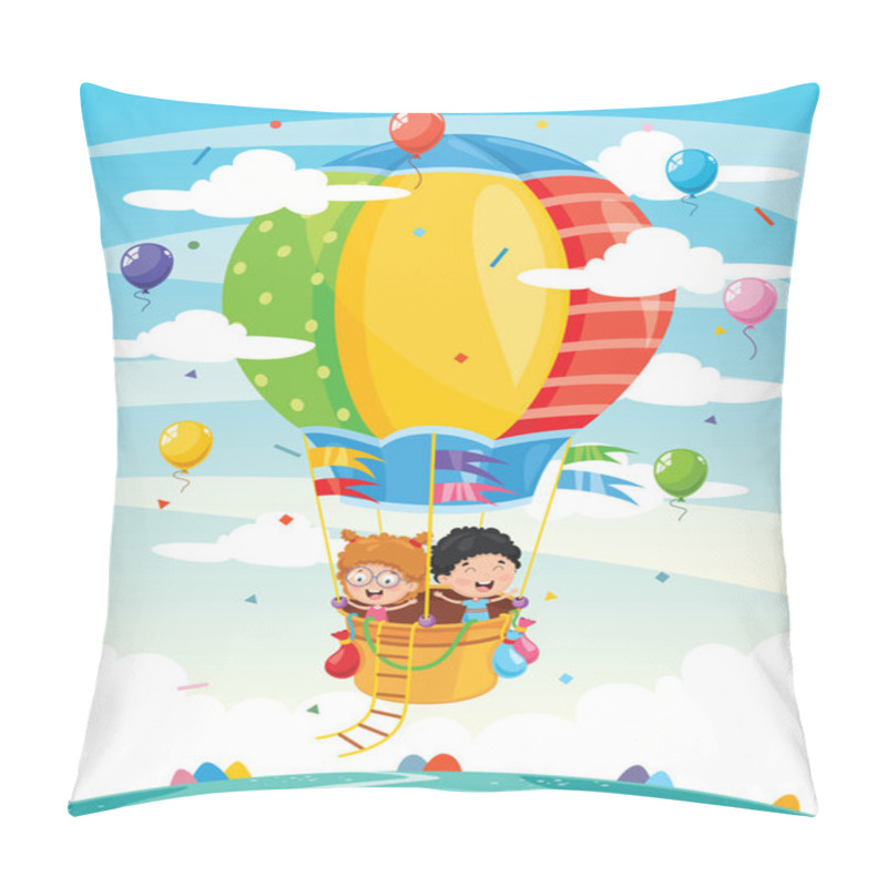 Personality  Vector Illustration Of Kids Riding Hot Air Balloon Pillow Covers