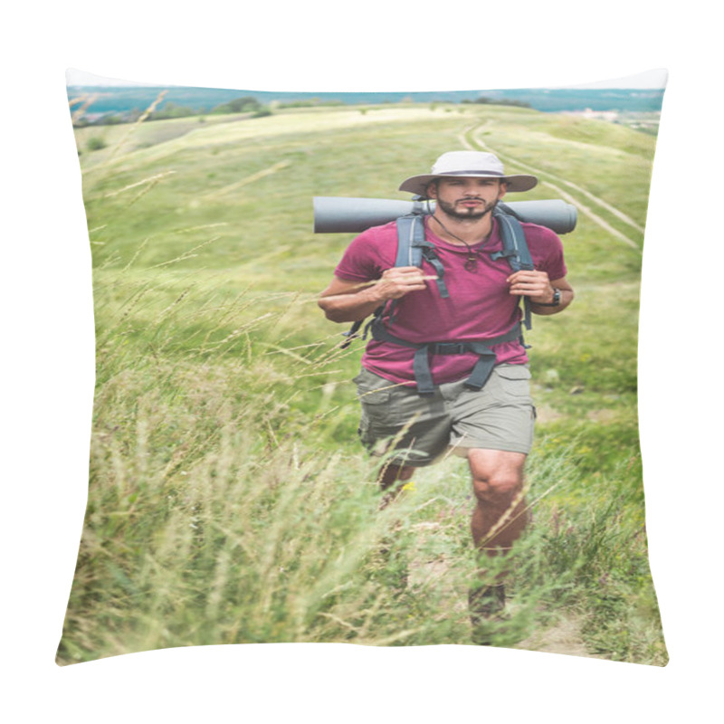 Personality  Traveler In Hat With Backpack And Tourist Mat At Summertime Pillow Covers