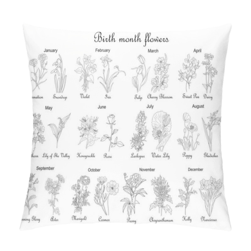 Personality  Birth Month Flowers Line Art Vector Illustrations. Carnation, Daffodil, Larkspur, Honeysuckle, Tulip, Lilies, Peony, Cosmos Hand Drawn Black Ink Illustrations. Modern Design For Jewelry, Tattoo, Logo. Pillow Covers