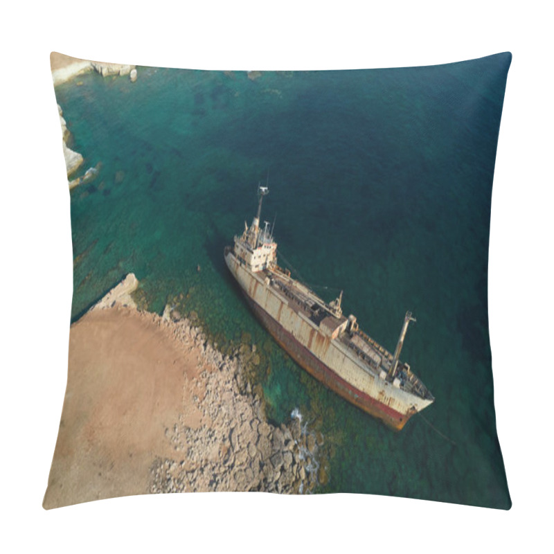 Personality  Aerial Drone View Of An Abandoned Ship Moored At The Coastal Rocky Area. Pillow Covers