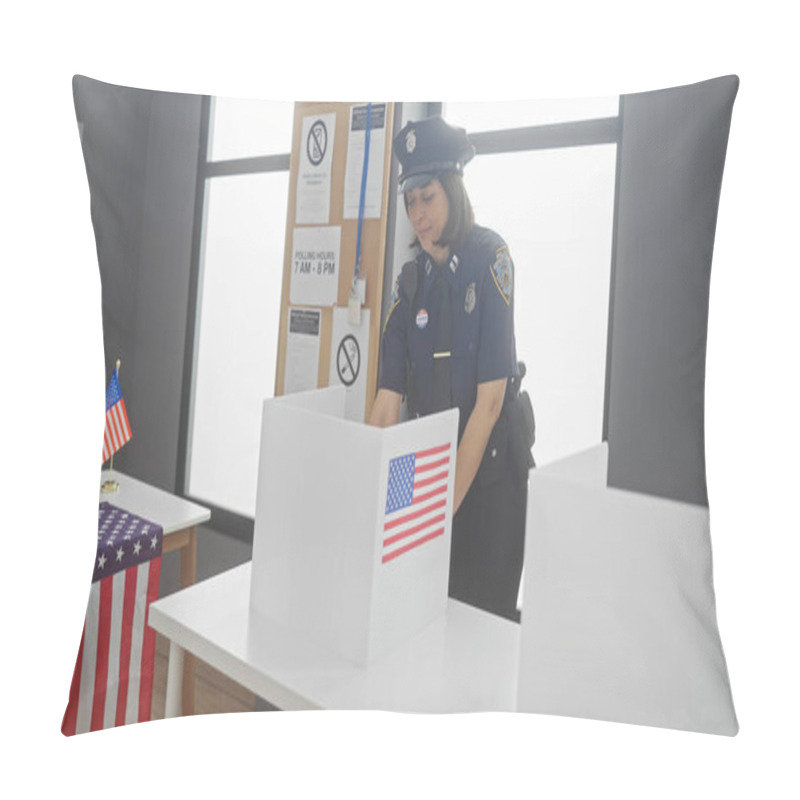 Personality  A Female Police Officer In Uniform Voting At An American Polling Station With Us Flags. Pillow Covers