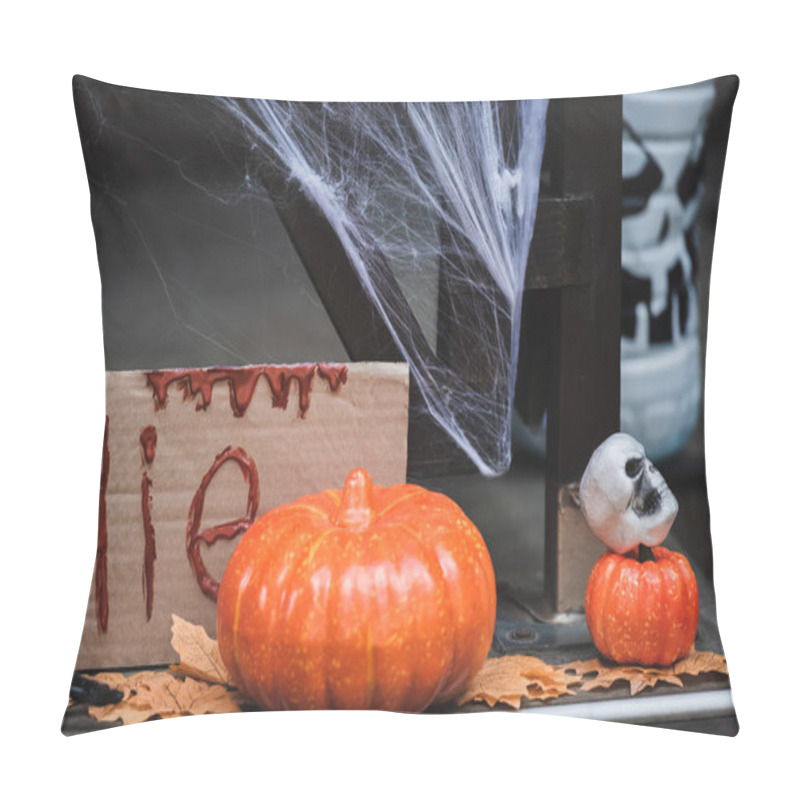 Personality  Pumpkins, Skull And Autumn Leaves Near Card With Die Lettering On Decorated Porch Pillow Covers