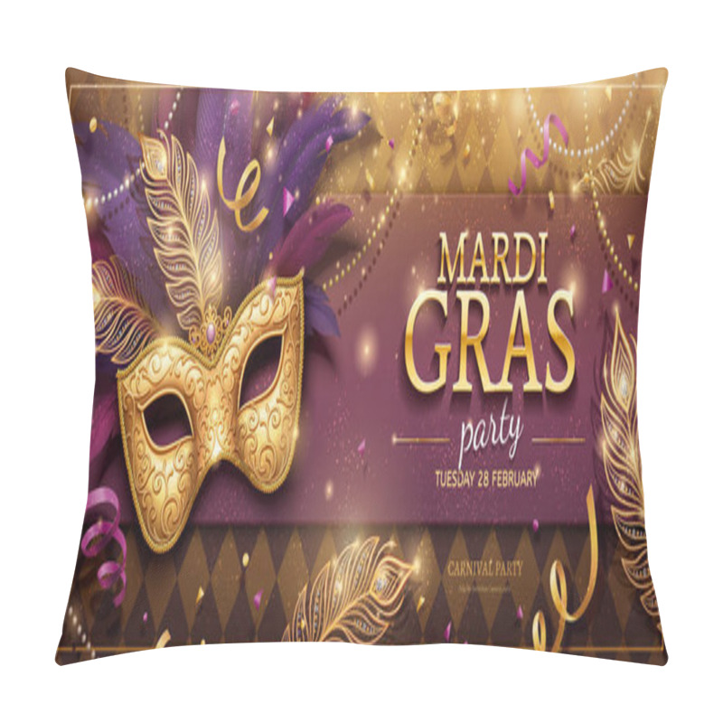 Personality  Mardi Gras Party Banner Design With Golden Masks And Purple Feathers In 3d Illustration Pillow Covers