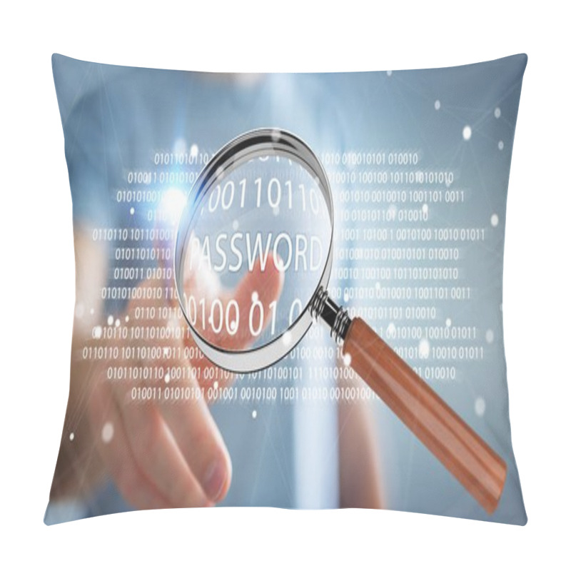 Personality  Hacker Using Digital Magnifying Glass To Find Password 3D Render Pillow Covers