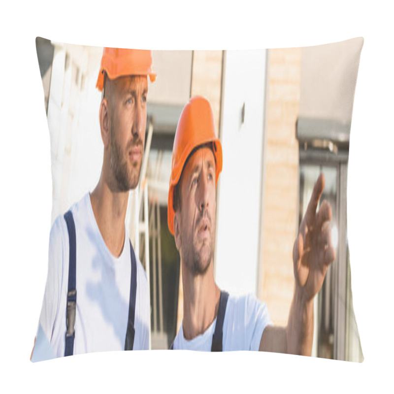 Personality  Panoramic Shot Of Builder Pointing With Hand Near Colleague Outdoors  Pillow Covers