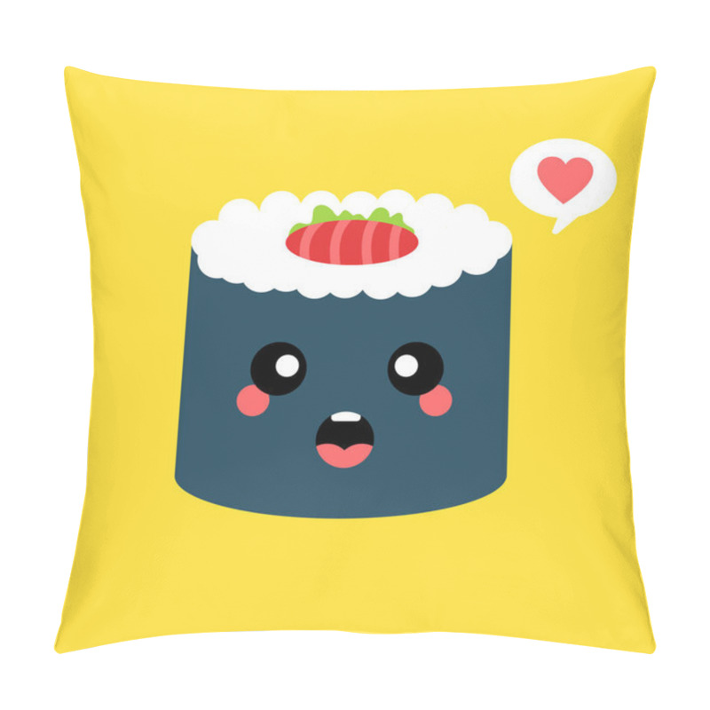 Personality  CUte And Kawaii Sushi Roll Character. Happy Sushi Roll Cartoon Mascot Character. Vector Illustration Flat Style Isolated On Color Background Pillow Covers