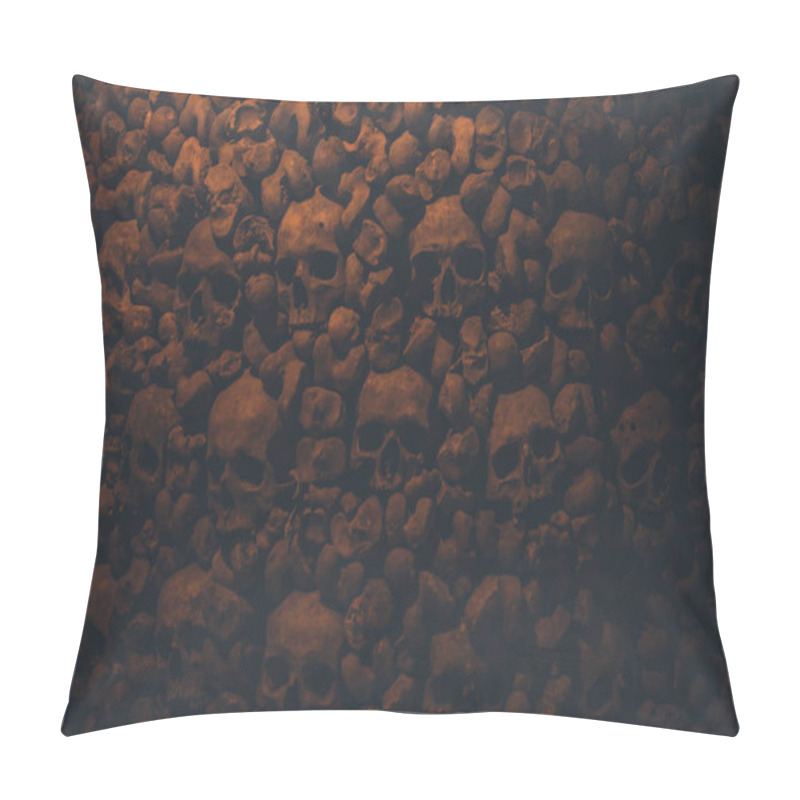 Personality  Collection Of Skulls And Bones Covered With Spider Web And Dust In The Catacombs. Numerous Creepy Skulls In The Dark. Abstract Concept Symbolizing Death, Terror, And Evil. Pillow Covers