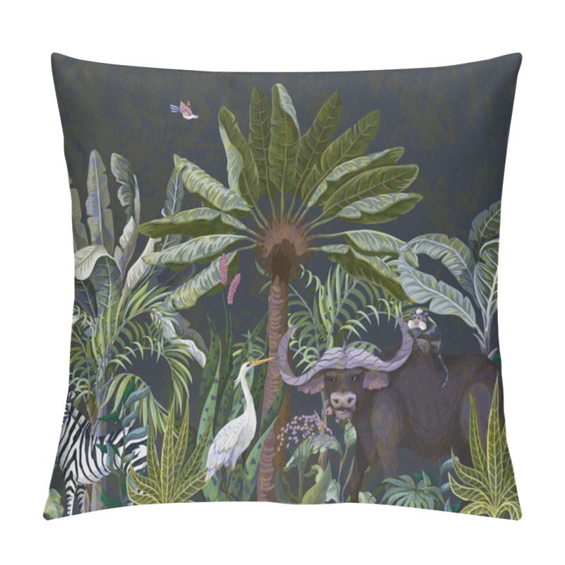 Personality  Border With Bull And Other Animals In Jungle. Vector. Pillow Covers