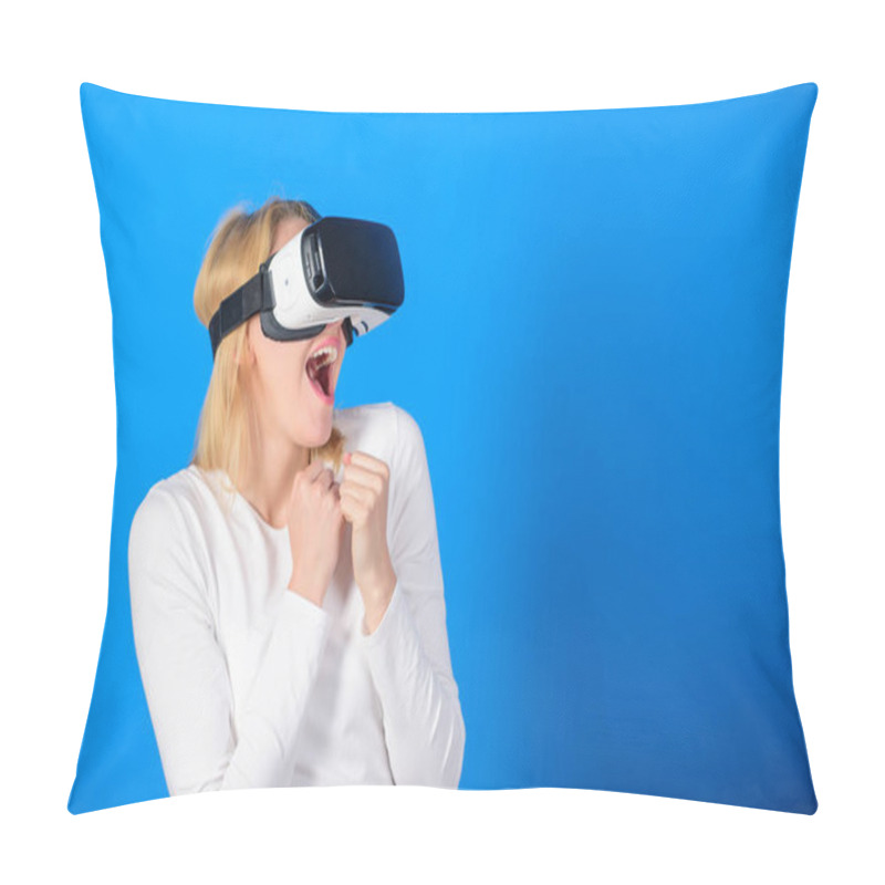 Personality  3d Technology, Virtual Reality, Entertainment, Cyberspace And People Concept. Happy Woman Exploring Augmented World, Interacting With Digital Interface. Virtual Reality Experience. Pillow Covers