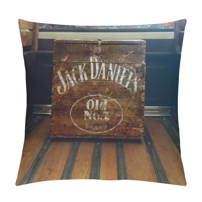 Personality  Worn Wooden Jack Daniels Old No. 7 Whiskey Box On The Bed Of A Pickup Truck. Emblem Logo And Brand. White Letters. Pillow Covers