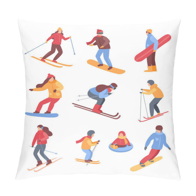 Personality  Winter Sport Activities. Vector Set Of Characters People, Ski And Snowboard Riders, Man And Woman, Tubing Children In The Ski Resort. Skiing, Snowboarding Vacation Concept. Christmas Family Weekends Pillow Covers