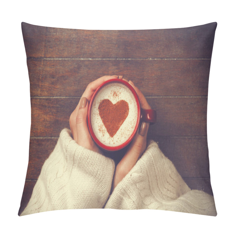 Personality  Woman Holding Hot Cup Of Coffee, With Heart Shape Pillow Covers