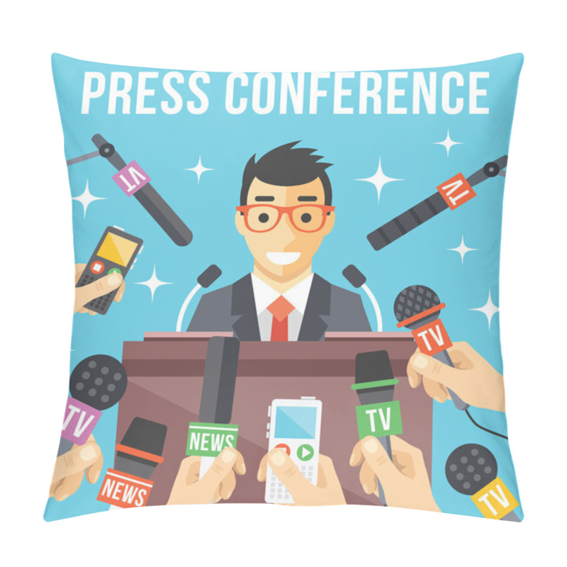 Personality  Press Conference. Live Report, Live News Concept Pillow Covers