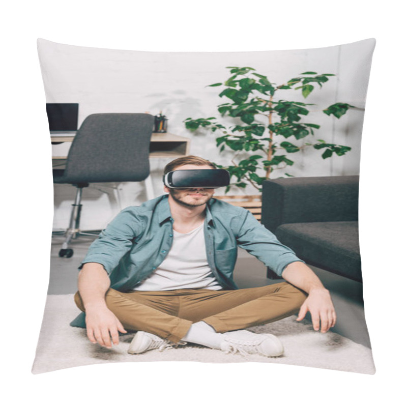 Personality  Young Man Using Virtual Reality Headset And Sitting On Floor At Home Pillow Covers