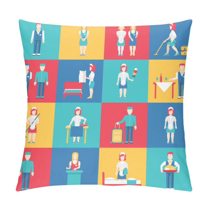 Personality  Serviceman Servicewoman Service Business People Flat Style Vector Icon Set. Porter Waiter Maid Cleaner Laundress Washerwoman Washwoman Hotel Restaurant Manager Door Keeper. Pillow Covers