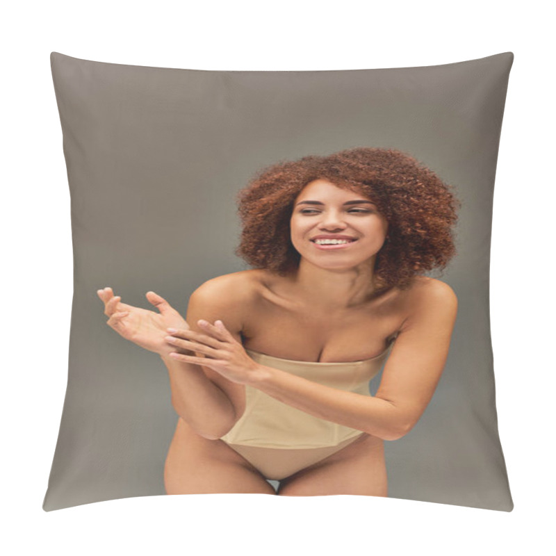 Personality  Happy Attractive African American Woman In Pastel Underwear Smiling Cheerfully, Fashion Concept Pillow Covers