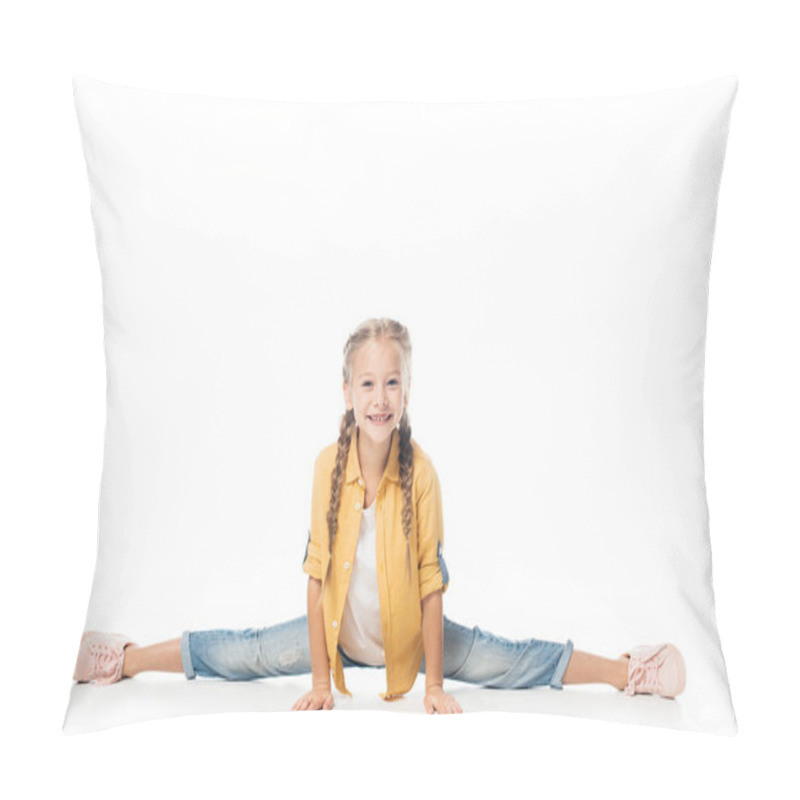 Personality  Smiling Little Kid Stretching, Doing Split And Looking At Camera Isolated On White Pillow Covers