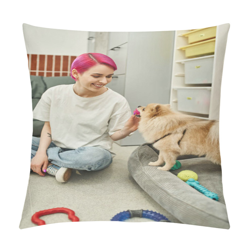 Personality  Cheerful Pet Caregiver Holding Toy And Playing With Furry Pomeranian Spitz In Cozy Dog Hotel Pillow Covers