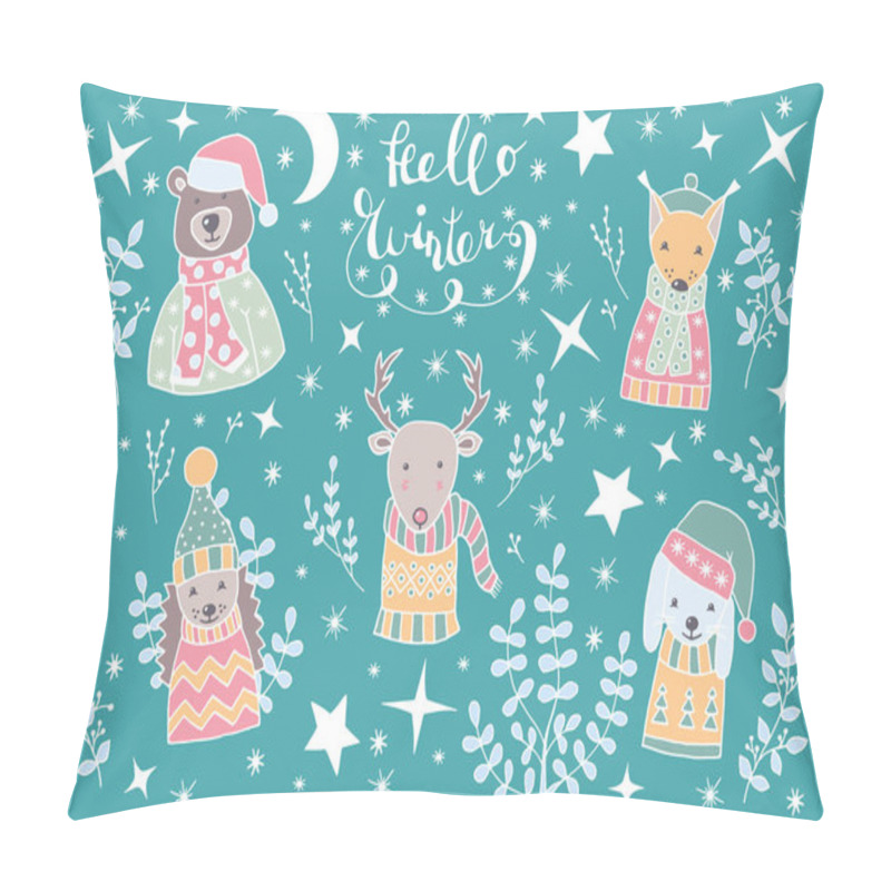 Personality  Christmas Set Of Festive Animals In Scandinavian Style With The Text HELLO WINTER Pillow Covers