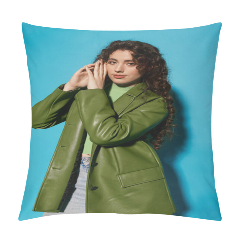 Personality  A Young Woman Radiates Confidence In Chic Green, With Flowing Curls And Style. Pillow Covers