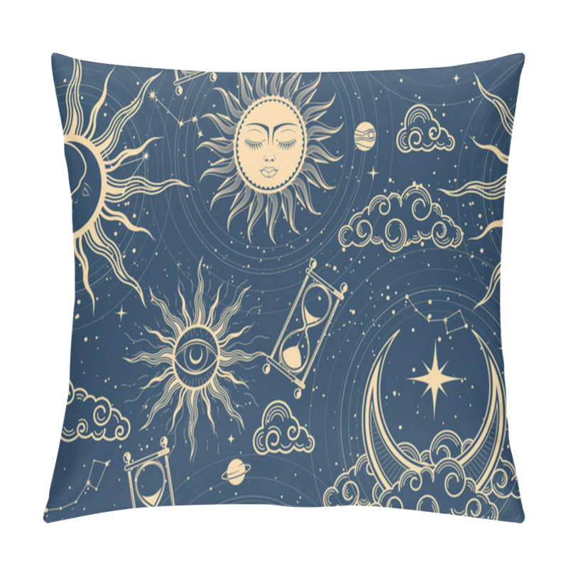 Personality  Seamless Mystic Space Pattern With Sun, Moon And Stars, Cosmos Background In Tarot Style, Astrology Magic Sky, Abstract Esoteric Ornament, Vector Pillow Covers