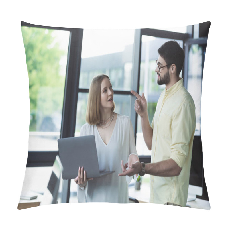 Personality  Businessman Talking And Gesturing Near New Worker With Laptop In Office  Pillow Covers